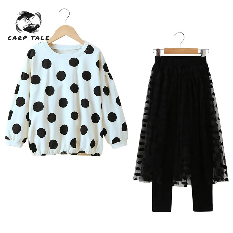 

Girls and girls clothing set 2019 autumn children's dot pattern shirt + lace pants skirt fashion girls suit children's clothing
