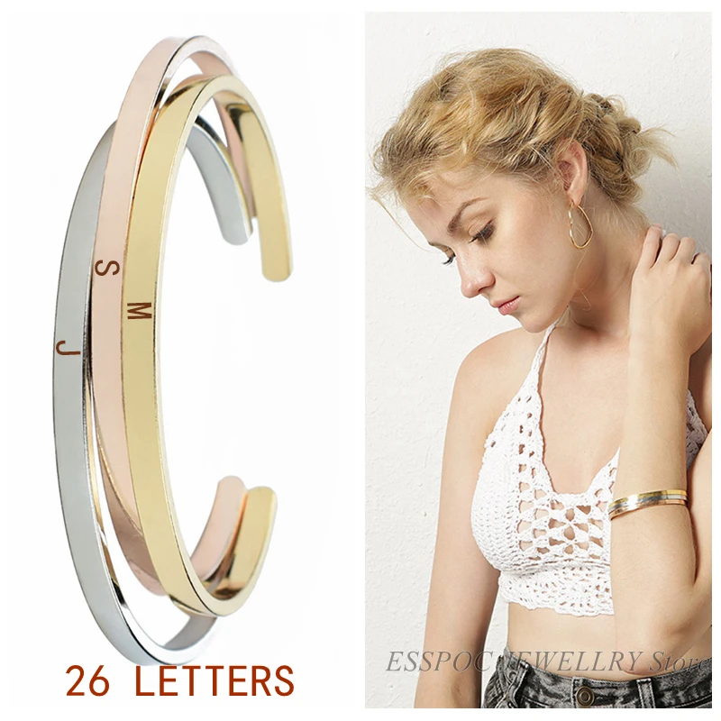 

26 Letters A-Z Engraved Bangle Fashion Gold Color Copper Bracelet Name Charm Metal Bracelets Letter Jewelry Creative Women Gifts