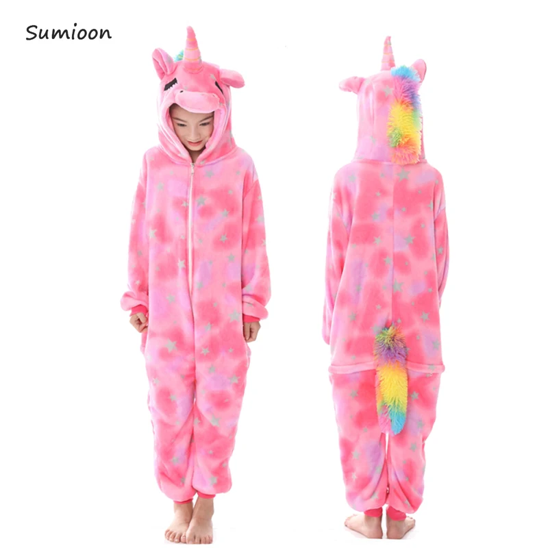Кигуруми пижамы единорог дети животных Детская Пижама для мальчиков девочек детские пижамы Стич комбинезоны зимняя одежда для сна фланелевый комбинезон - Цвет: Pink star Unicorn