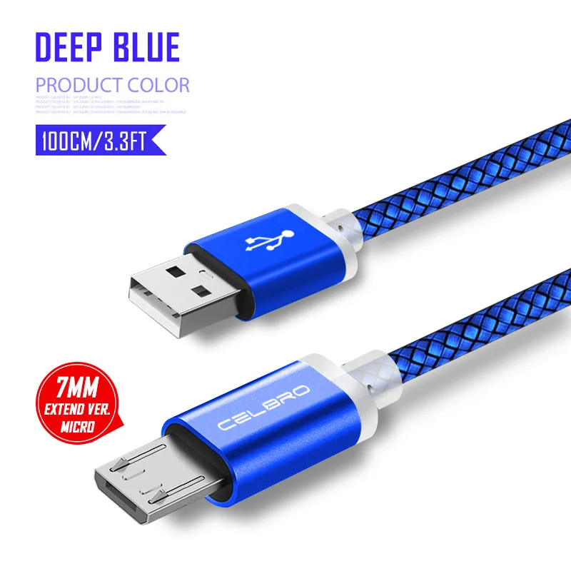 Micro USB кабель для быстрой зарядки для xiaomi huawei samsung 7 мм Длинный разъем Micro USB 2,4 A кабель для зарядного устройства Шнур для мобильного телефона - Тип штекера: Dark Blue Cable