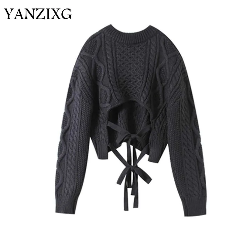 Women Sweater V-neck Bandage Irregular Sweater Women Black White Asymmetry Short Wool Navy Blue Sweaters Women Z415