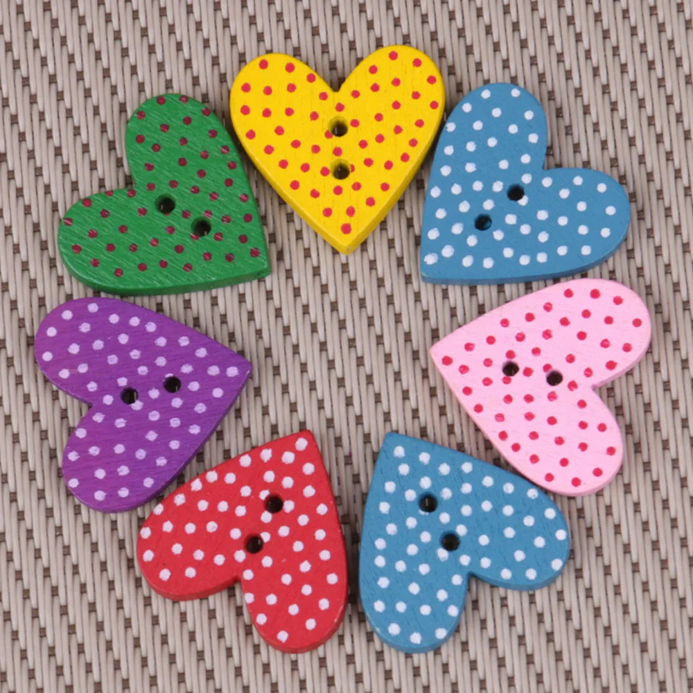 

2 Holes Mixed Wooden Buttons Painting Heart For Clothing DIY scrapbooking accessories Craft Button Mix 50pcs