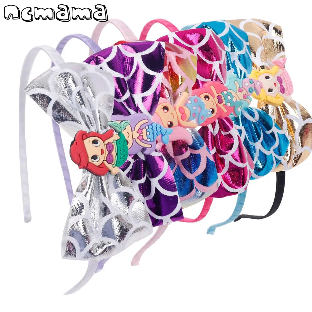 

2 Pcs/lot Cartoon Mermaid Hairband For Kids Leather Fish Scales Bowknot Headwear Elastic Princess Hair Bands Hair Accessories
