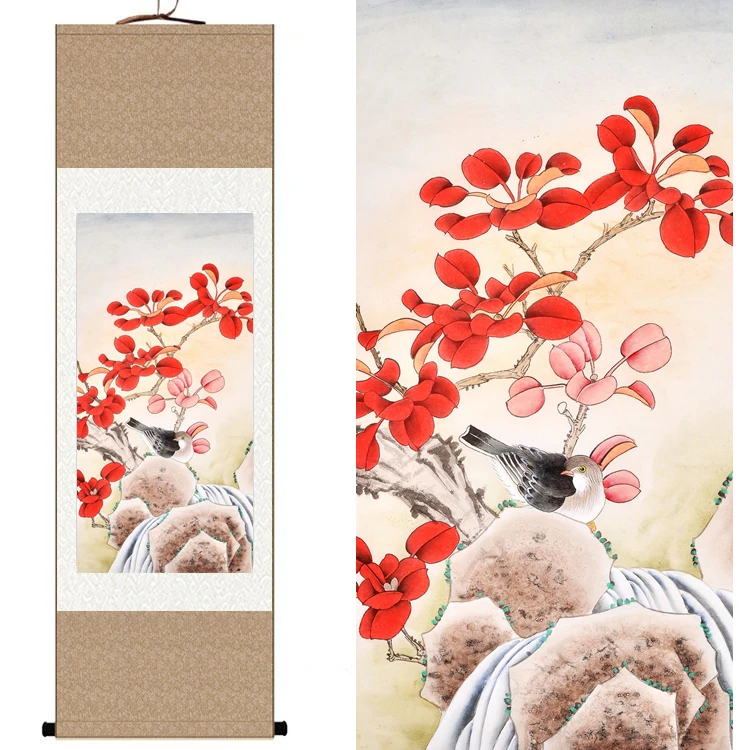 

Chinese Silk watercolor flower bird Red leaves stone ink art feng shui canvas wall picture damask framed scroll painting gift