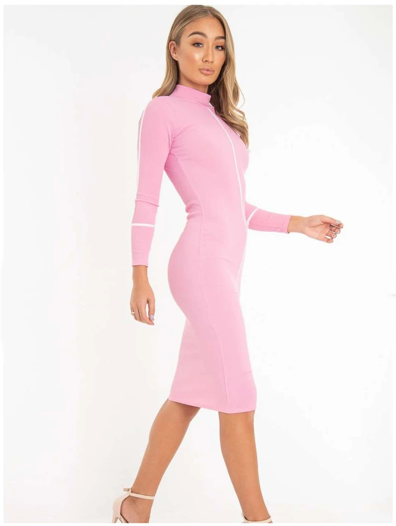 Женское сексуальное облегающее платье NewAsia,, розовое, с длинным рукавом, контрастная полоска, с высоким воротником, повседневное, длинное, элегантное, Осеннее, черное