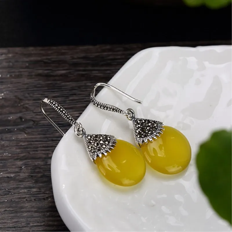 

NOT FAKE S925 Fine Jewelry Earrings 925 Sterling Silver Artisan Baltic Retro Exquisite Semi Gemstone waterdrop moldavite