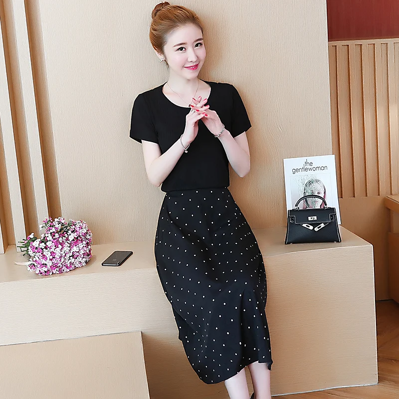 

Fashion Summer Girls Women's black with white dot First Love short sleeve round neck knee length Dress Dresses Pleated 882F