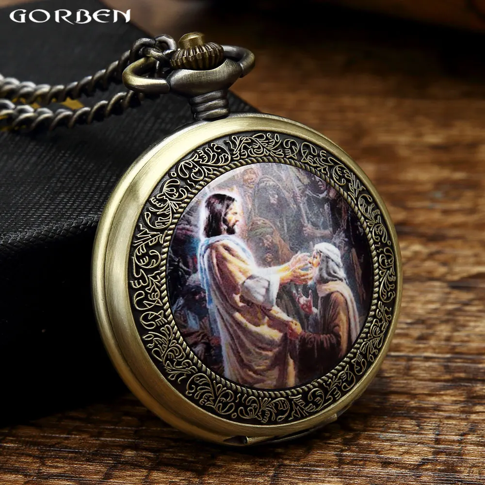 Retro God's Son Jesus Spread the Gospel Portrait Pocket Watch Mens