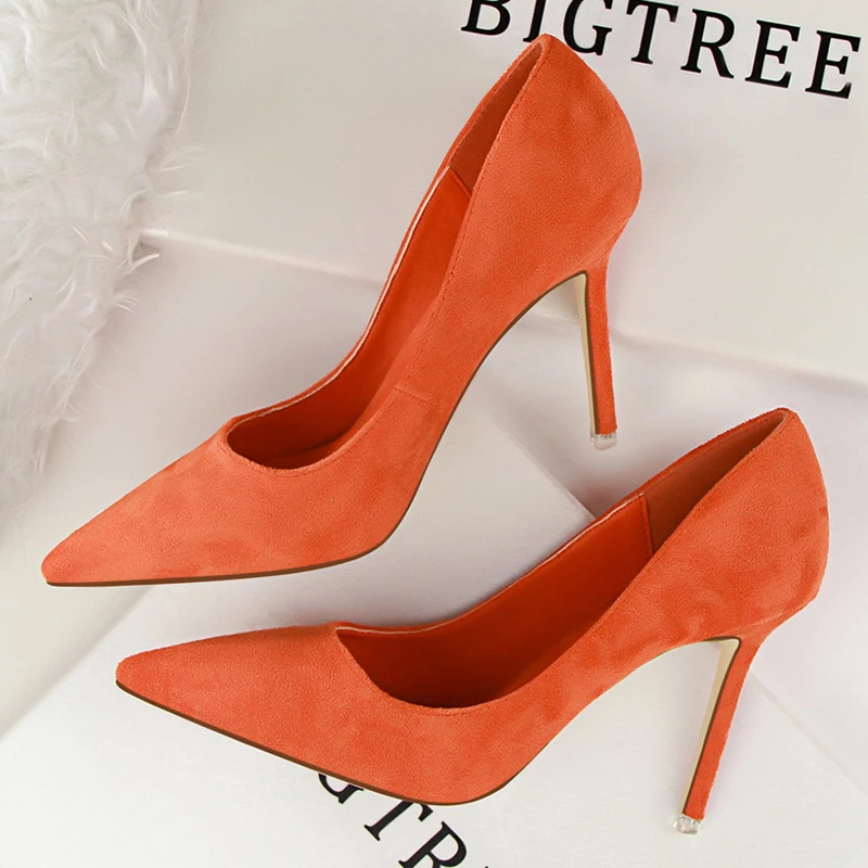 

2019 New Arrival Korean Concise Pointed Toe Office Shoes Women's Fashion Solid Flock Shallow High Heels Shoes for Women