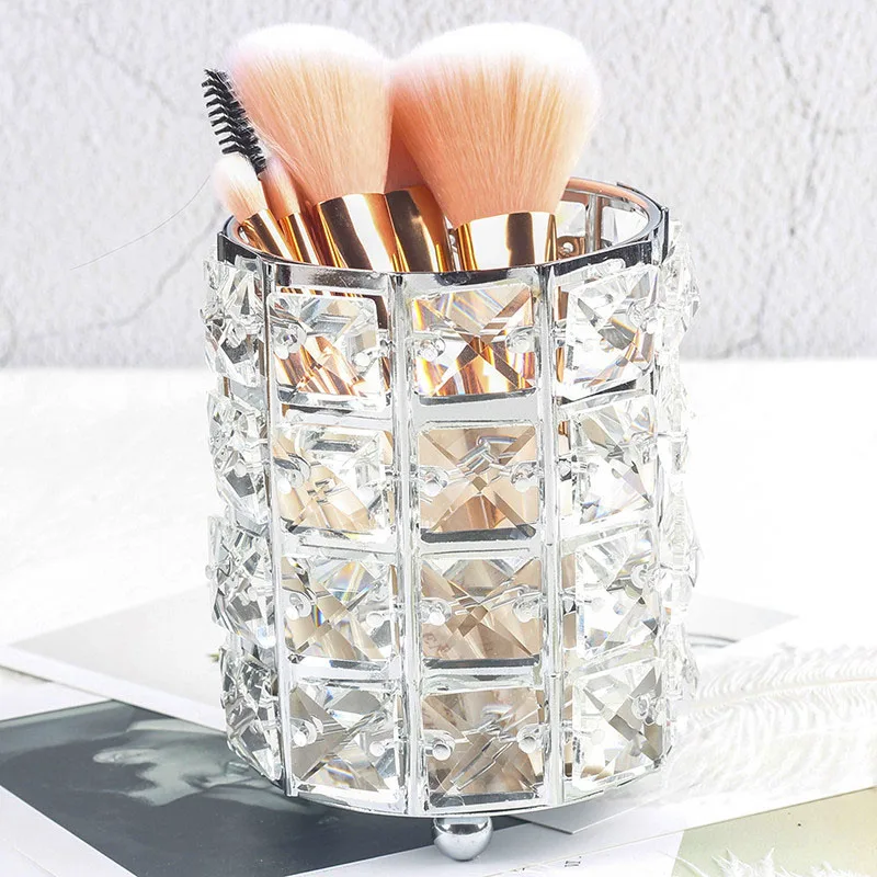 Silver ONEUP Европейская Хрустальная металлическая кисточка для макияжа, трубка для хранения карандашей для бровей, органайзер для макияжа, Хрустальная коробка для хранения ювелирных изделий из бисера - Цвет: Silver