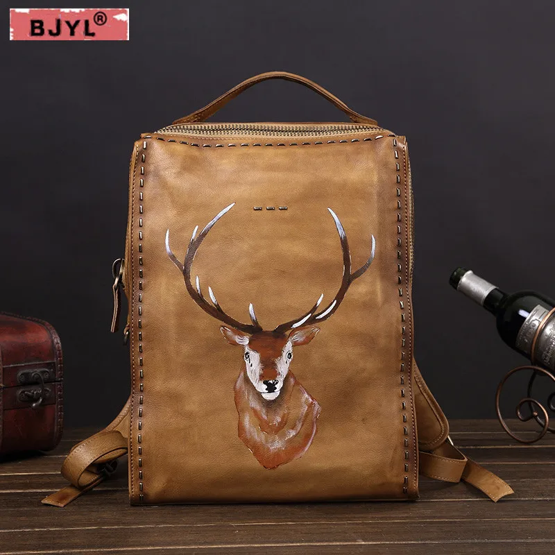 

BJYL Men's backpack shoulder bag men retro leisure travel bag Genuine leather suede leather computer backpack 14" Laptop bag