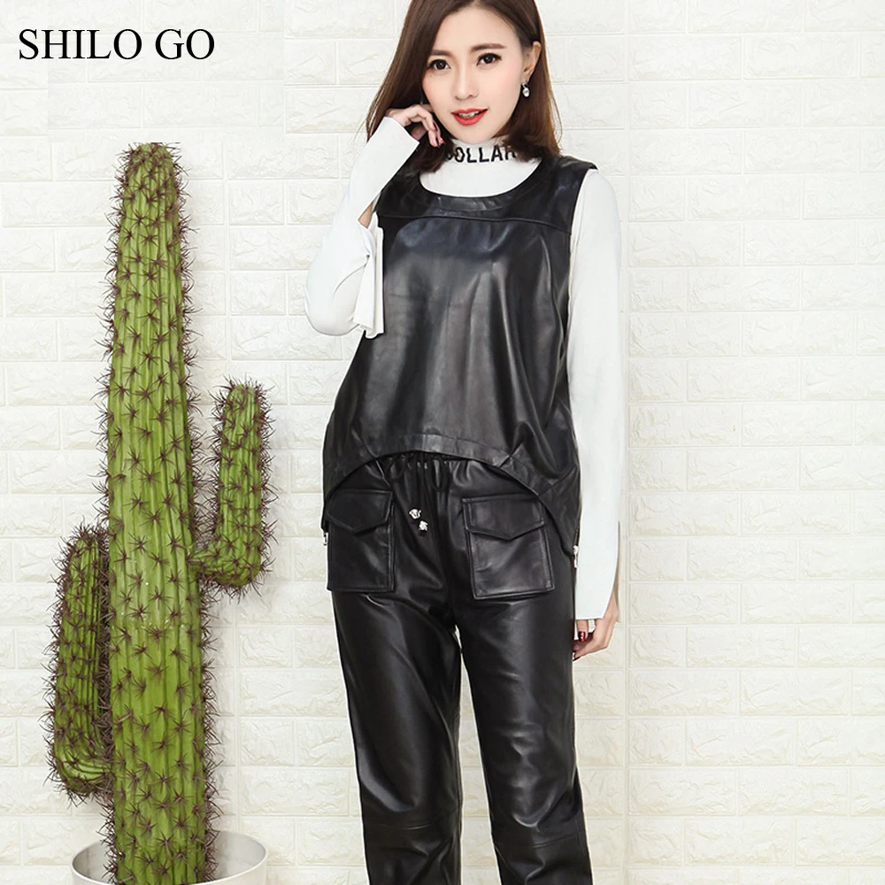 SHILO GAAN Lederen Pak Womens Lente Mode schapenvacht lederen Sets O Hals mouwloze beknopte blouse stretch taille broek SHILO GAAN Lederen Pak Womens Lente Mode schapenvacht lederen Sets O Hals mouwloze beknopte blouse stretch taille broek