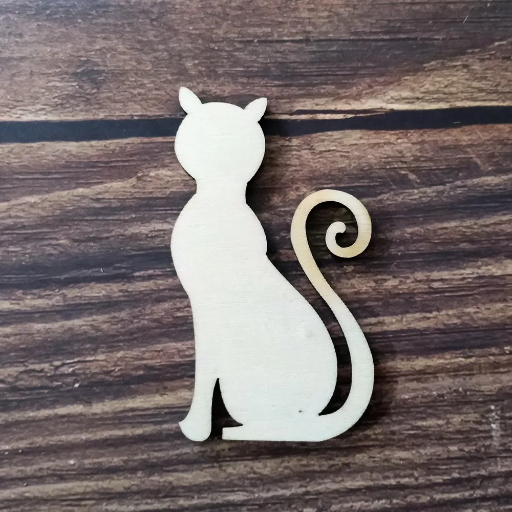 

10pcs Unfinished Wooden Cat Wood Embellishments for Craft DIY Wood Laser Cut Gift Tags Scrapbooking