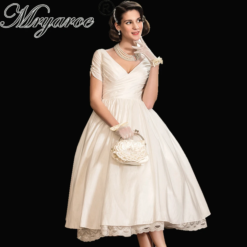 

Mryarce Short Wedding Dress A-Line Princess V Neck Tea Length Taffeta Lace Mid-calf Bridal Gowns