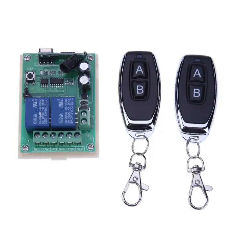 12V/24V 2 Channel Relay Wireless Remote Control Switch 433Mhz + 2pcs Two Keys Remote Controls for Garage Door Lighting Curtains