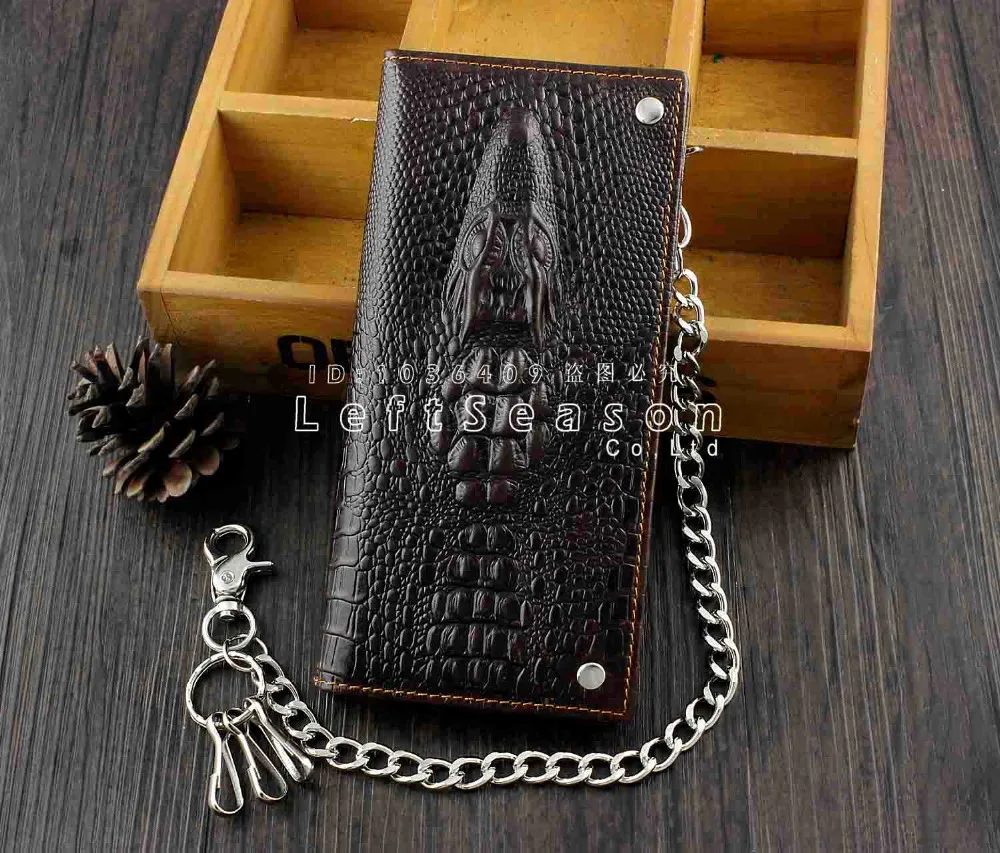 

Mens Long Crocodile Head Motorcycle Punk Leather Wallet With a Biker Chain