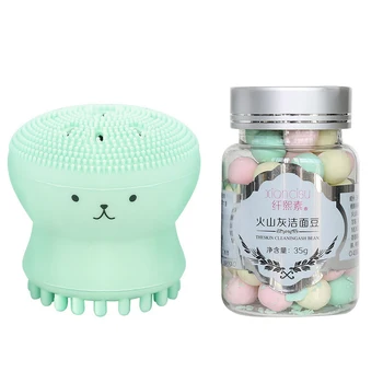 

Cute Soft Silicon Octopus Facial Cleaning Brush Cleanser with 44pcs Amino Acid Cleansing Beans Face Skin Care Cleaner Supplies