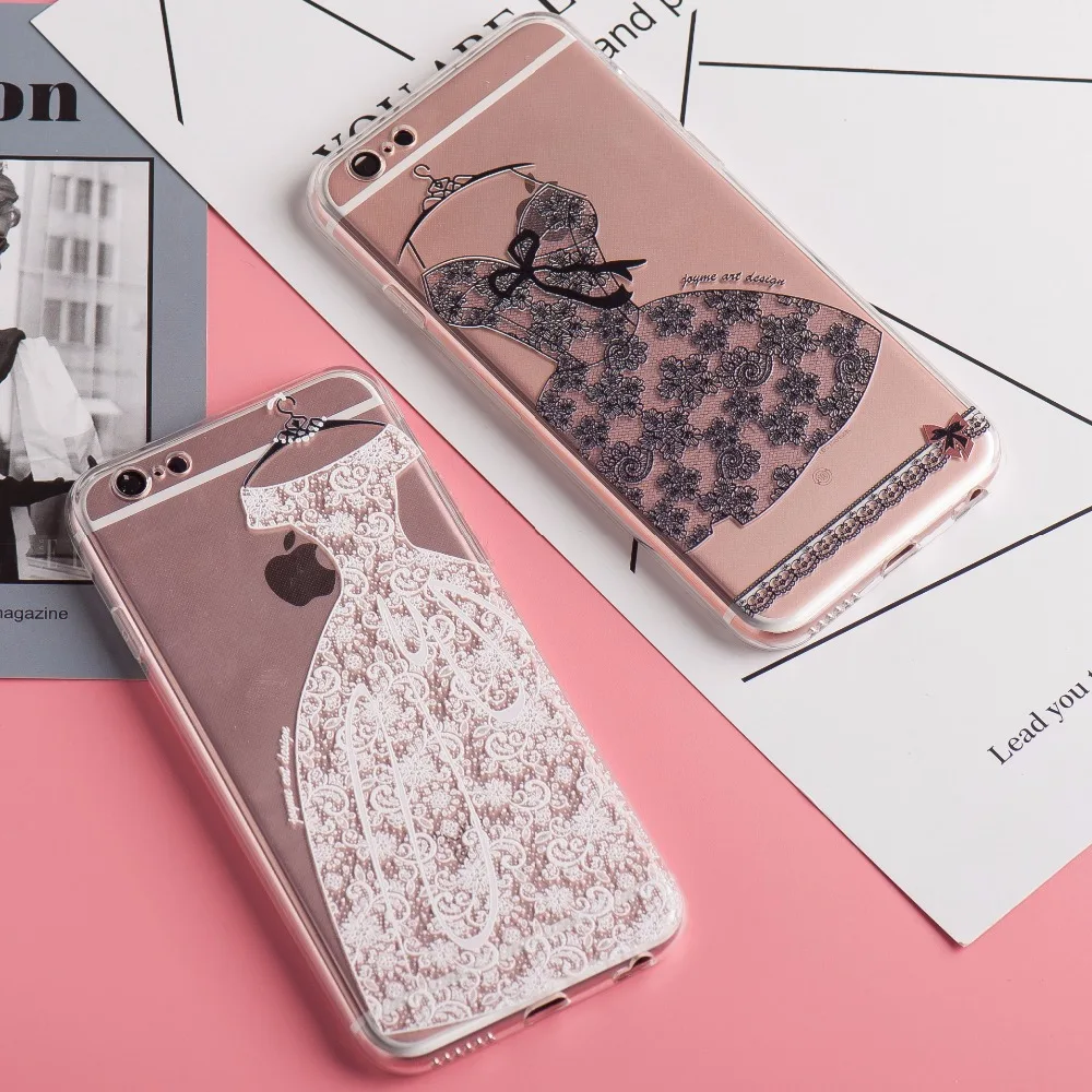 

Transparent Soft TPU Classic Lace Flower Black Red Skirt Phone Case Coque For Apple Iphone 6 6S Plus 6Plus 5 5s SE Cover Capa