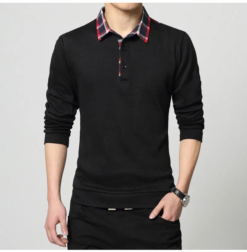 Mwxsd брендовая повседневная мужская хлопковая рубашка поло, мужская клетчатая однотонная мягкая рубашка поло с длинным рукавом, Мужская Облегающая рубашка поло, большой размер 3xl 4xl 5xl - Цвет: Черный