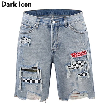 

Dark Icon Plaid Patch Ripped Denim Shorts Men High Street Fashion Men's Shorts 2019 Summer
