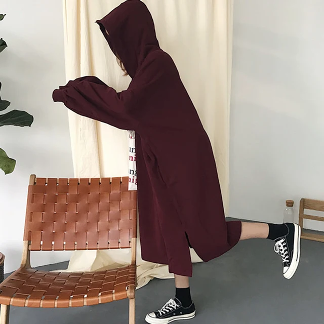 SISPELL Velvet Sweatshirt Dress For Women Winter Hooded Batwing Sleeve Loose Split Pullover Long 