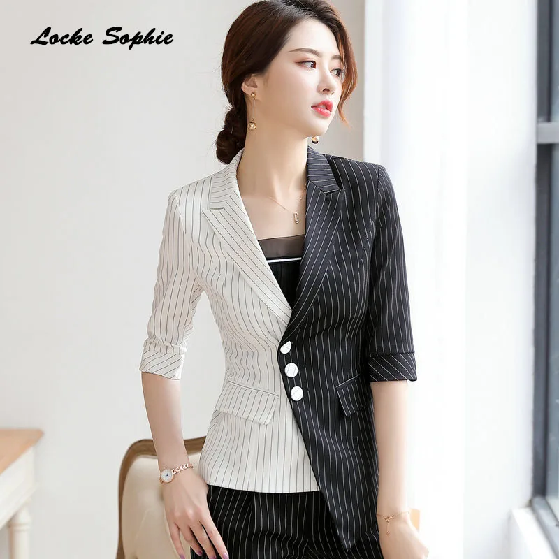 1pcs Women's Blazers coats 2019 Summer cotton Splicing irregular stripe Small Suits jackets ladies Skinny Blazers Suits coats