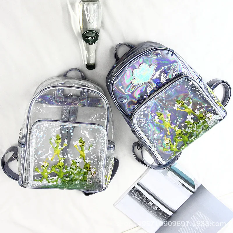 

Laser Sheer Backpack for Students 2017 New Ultra-perspective Harajuku Alien Transparent Sequins Star Women Backpack