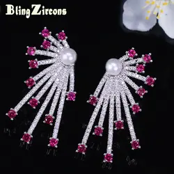 BlingZircons Очаровательная стерлингового серебра 925 Pin роза красная Кубический цирконий Pave CZ Crystal Pearl Stud Серьги для Для женщин E198