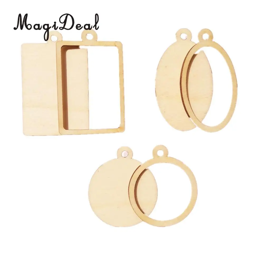 MagiDeal 60 Pieces Assorted Wooden Frame Pendant Oval Rectangle Round Shapes Wood Charms Cutting Scarfs DIY Projects