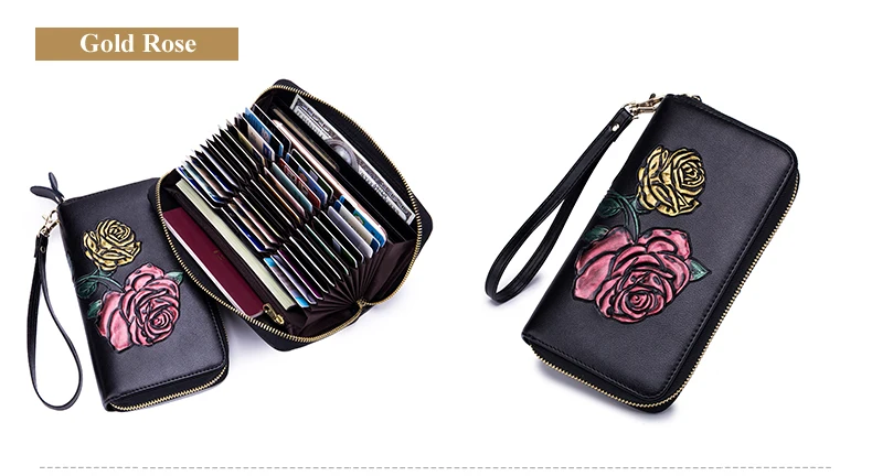 Lomelobo Long Hand Painted Card Wallet Lady Split Leather Rose Flowers Women Purse Girl Business RFID Credit Card Holder HPLA105 Details (16)