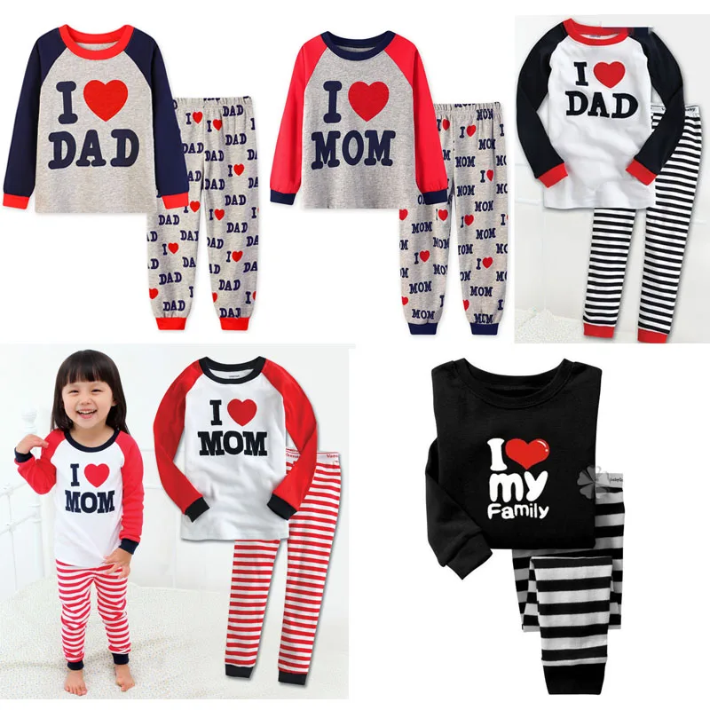 Kids I Love Dad Mom Family Pajamas Set Cotton T shirt + Pants 2T 7T