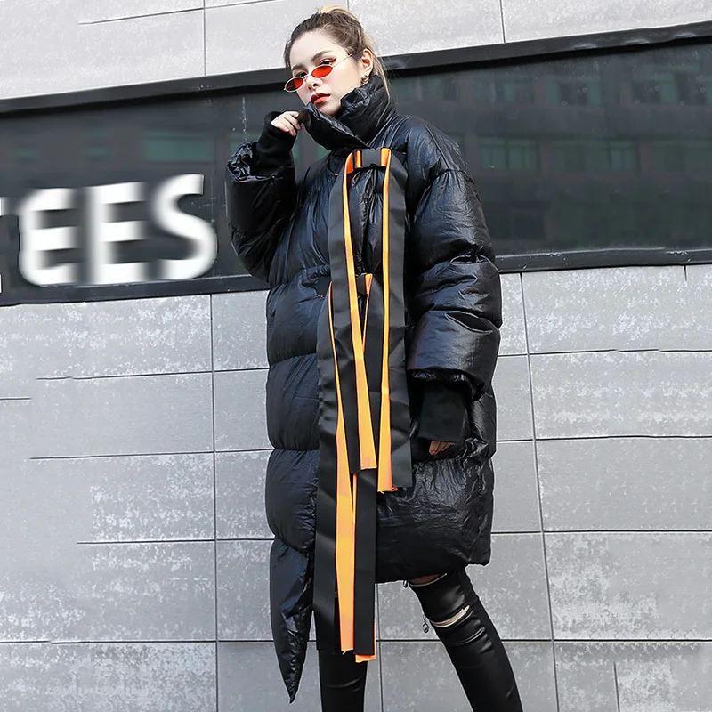 [EAM] 2019 New Spring Stad Collar Long Sleeve Cotton-padded Large Size Ribbon Stitch Irregular Hem Coat Women Parkas JI2