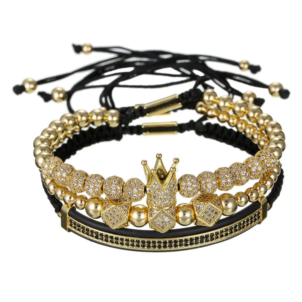 

3pcs / set Hip Hop Gold Crown bracelets 6MM cubic Micro Pave CZ Ball Charm braided man luxury jewelry pulseira Bileklik