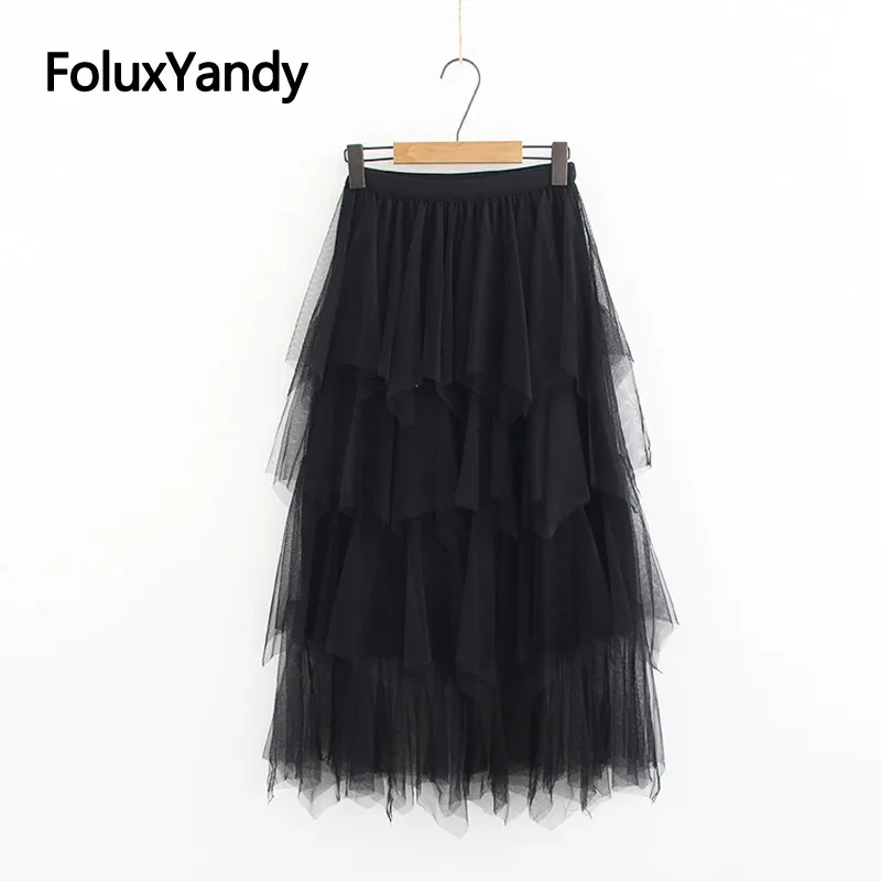 Сетчатые юбки женские большие размеры повседневные оборки свободные по щиколотку длинные с высокой талией плиссированные юбки черный розовый бежевый SWM1309