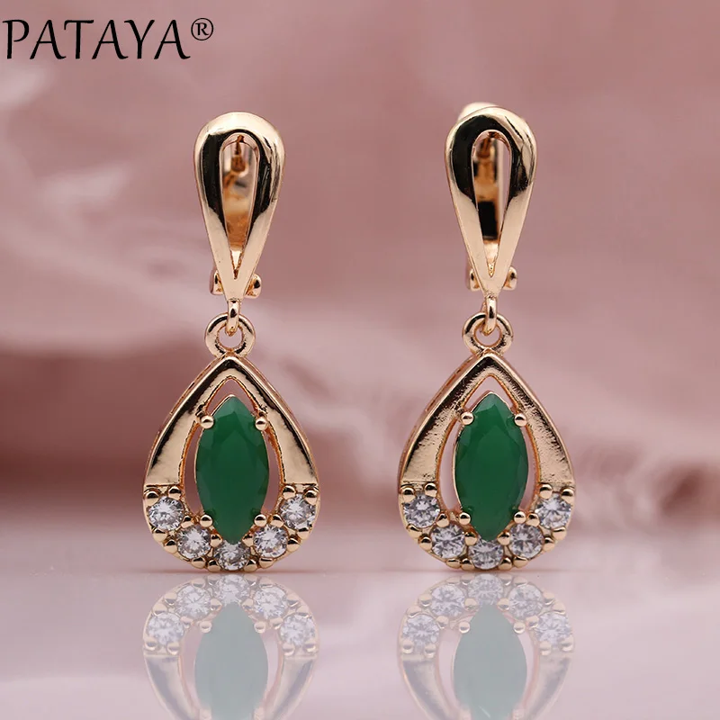 

PATAYA New Green Double Water Drop Earrings 585 Rose Gold Earrings Natural Zirconia Indian Jewelry Women Wedding Long Earrings