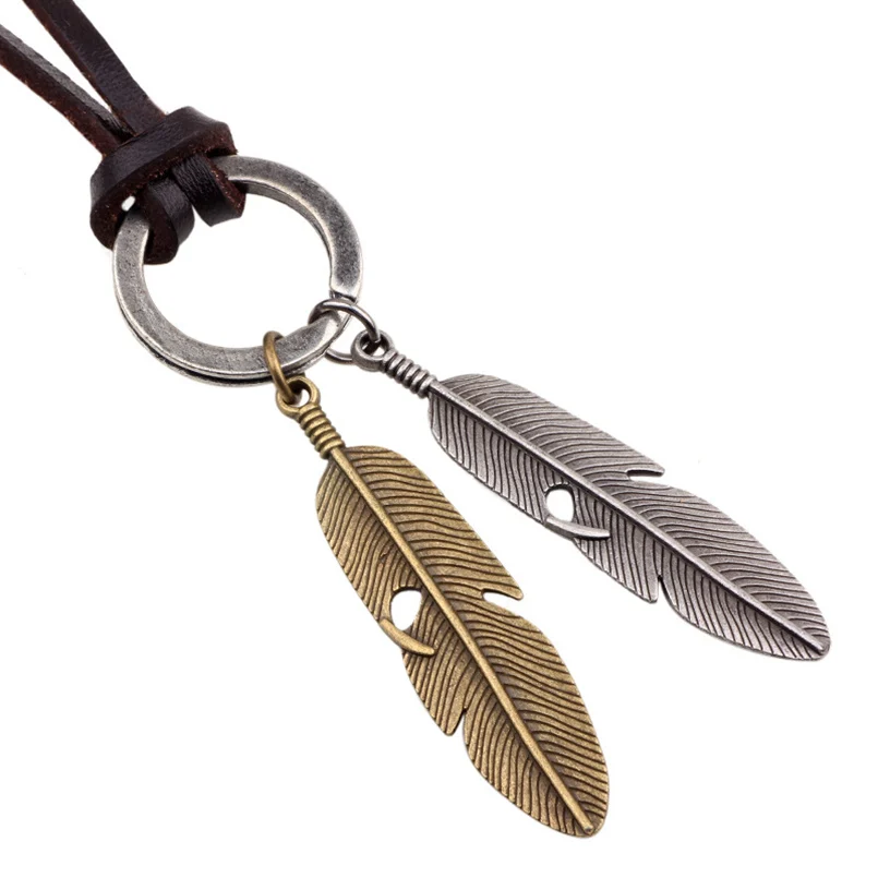 

Collares Brown Retro Leather Necklace Men Punk Vintage Jewelry Feather Pattern Pendant Necklace YW570