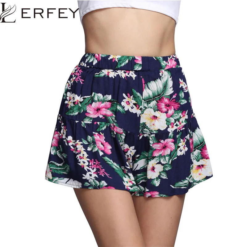 LERFEY Summer Shorts Women Floral Print Elastic Waist Outfits Shorts Bohemian Flare Ruffles
