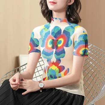 

2019 Summer Fashion Simple Stand Collar Short Sleeve Top Female Printed Slim Casual Short T-shirt XL-01