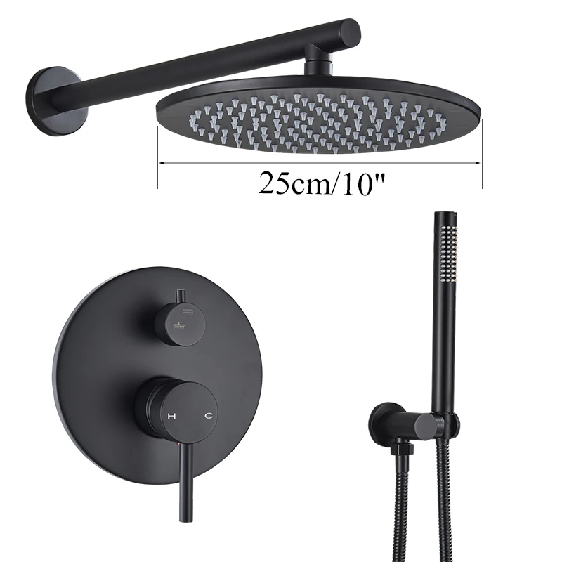 Латунный черный душевой набор, смеситель для ванной комнаты, Потолочный или настенный смеситель для душа, ручной распылитель, набор с 8-1" Rian душевой насадкой - Цвет: 10 inch shower set W