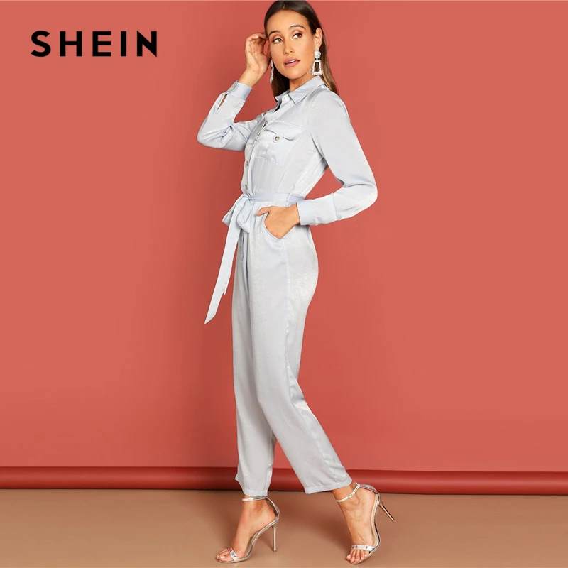 SHEIN Комбинезон На Пуговицах С Длинными Рукавами, Женский Серый Элегантный Комбинезон С Поясом