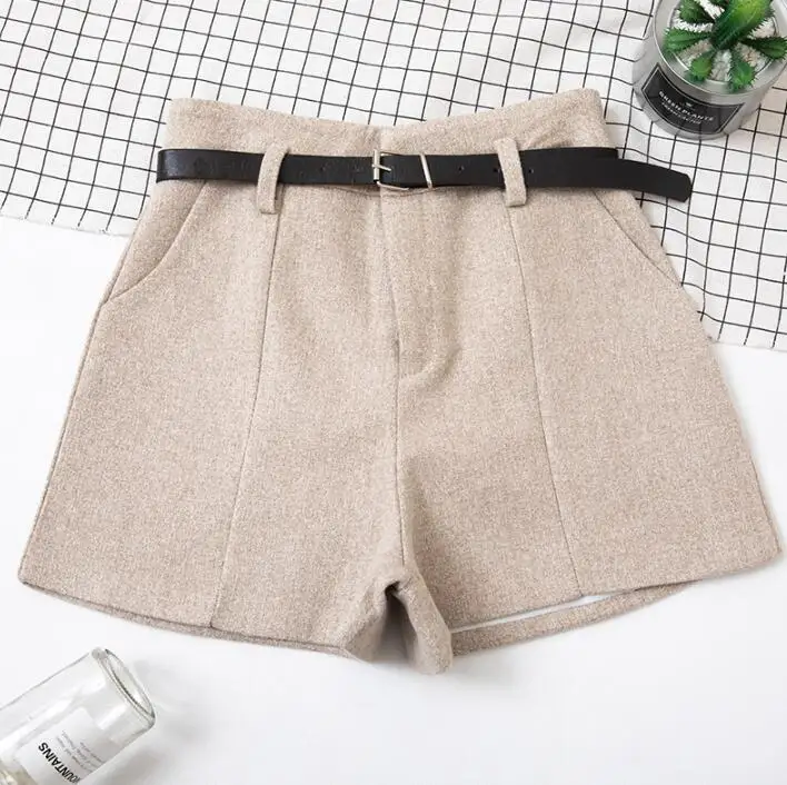 Women Winter Thick Woolen Shorts With PU Belt High Waist Wide Leg Shorts Women Korean Fashion Formal Vintage Shorts