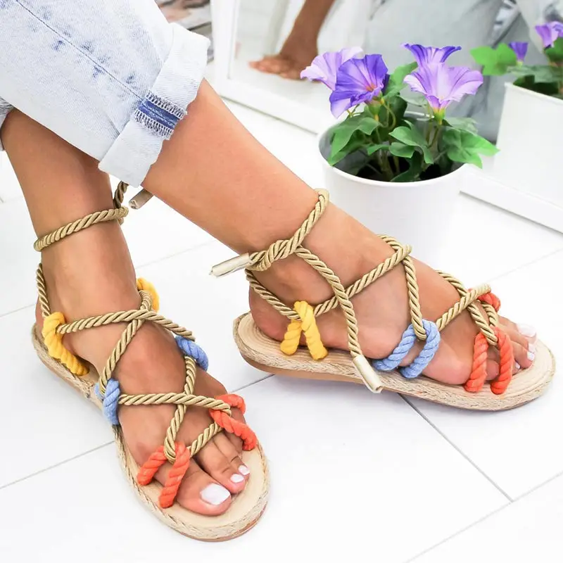 

Summer Women Sandals Lace Up Flat Sandals Lady Hemp Rope Patchwork Slippers Cross Tied Gladiator Sandalia Feminina 2019
