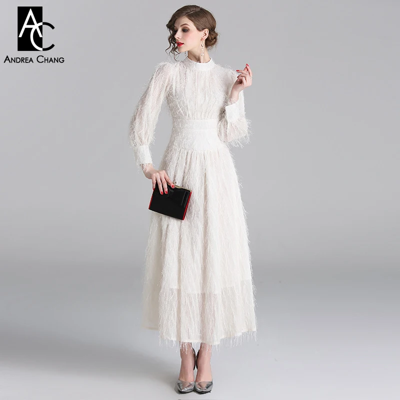 

S-XXL designer woman dress ball gown lantern sleeve fluffy white dress gown fashion vintage elegant ankle length white dress
