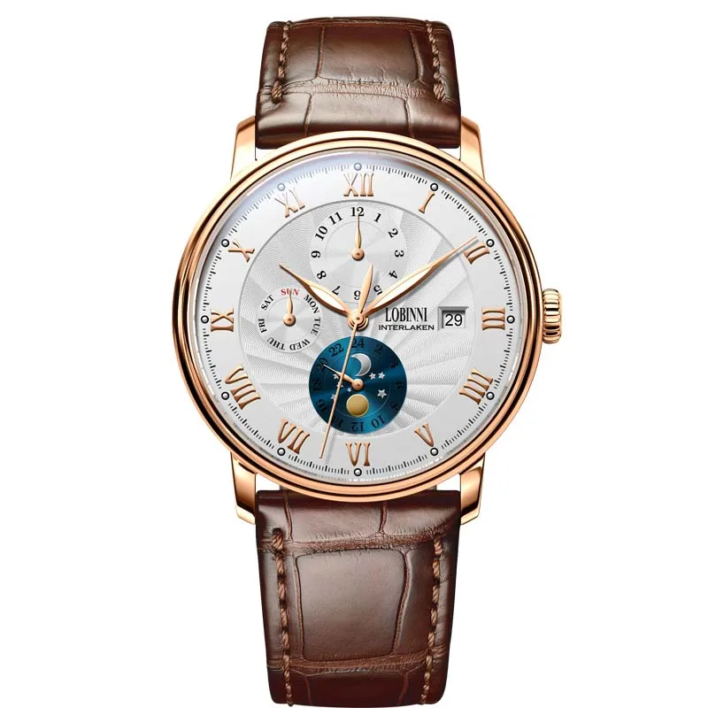 LOBINNI Moon Phase Мужские часы люксовый бренд 50 м водонепроницаемые наручные часы автоматические механические часы мужские сапфировые часы relogio masculino - Цвет: Rose Brown