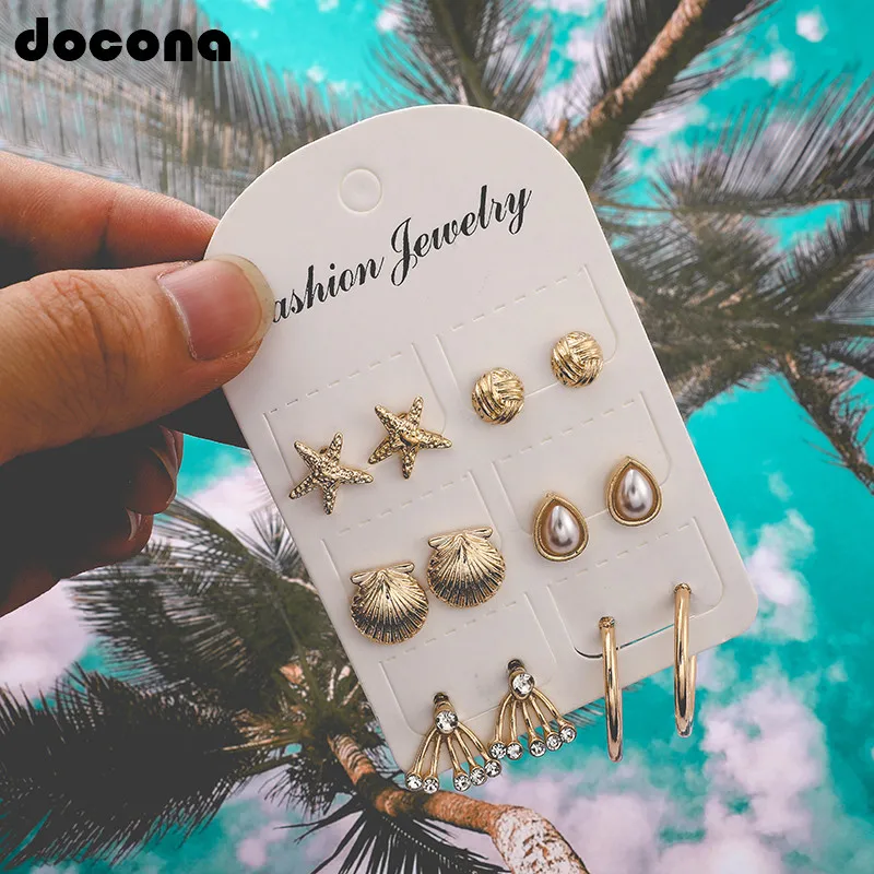 

Docona New Beach Ocean Star Conch Shell Geometry Crystal Stud Earrings Set for Women Tiny Pearl Party Jewelry Gift F06501