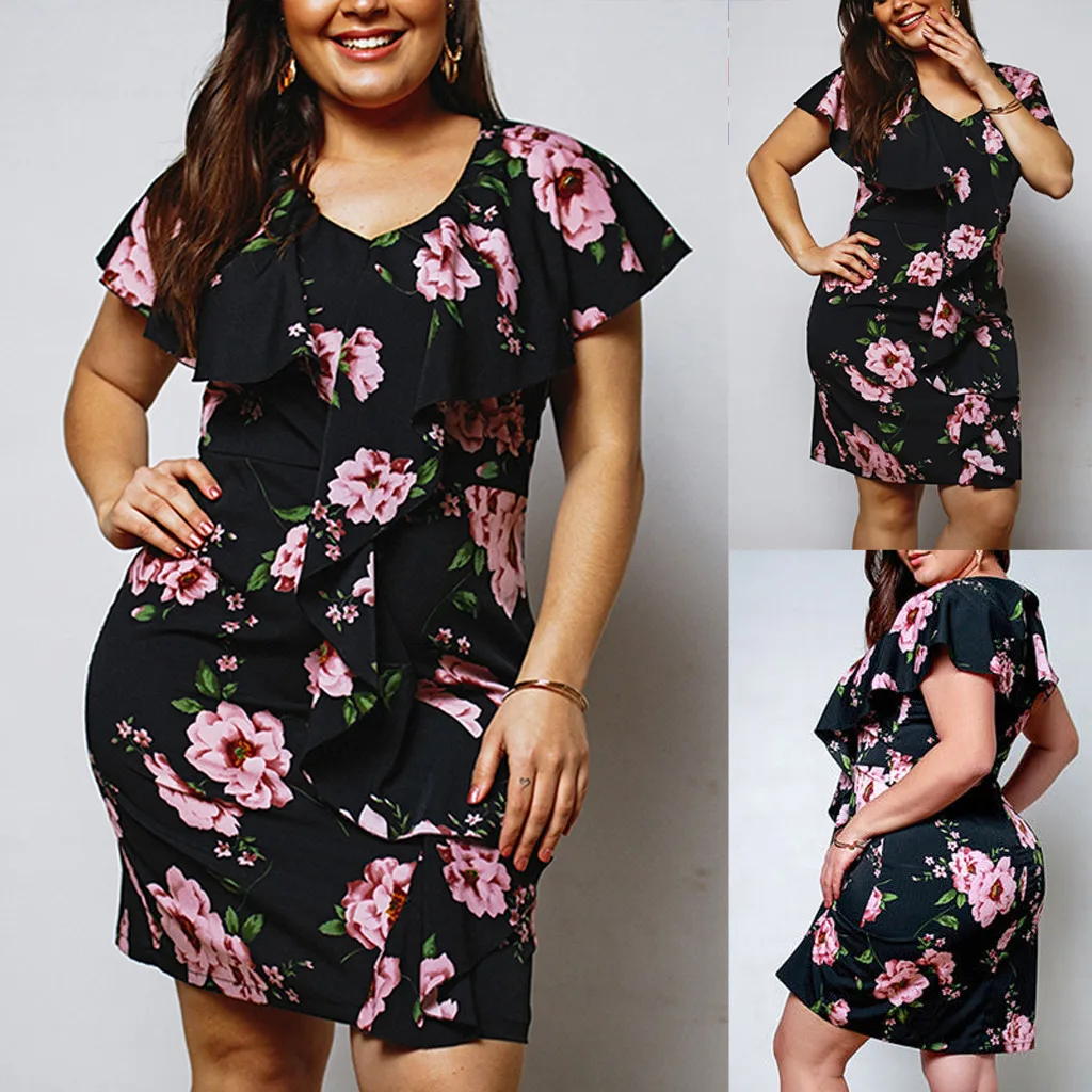 

feitong Ladies Party Summer Dress Plus Size Womens Floral Bodycon Dress Ladies Ruffle Holiday Mini Loose Dress Vestidos @122