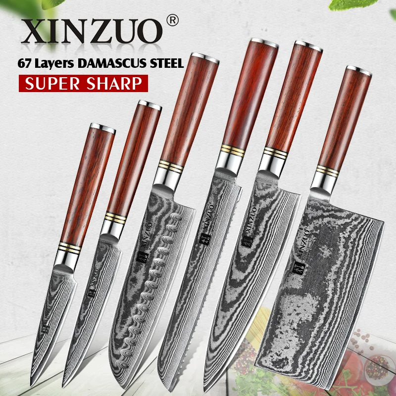 XINZUO 6 PCS Knife Set Japanese VG10 Damascus Forged Steel Bread