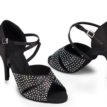 Черного атласа кристалл Латинской бальных Обувь для танцев Salsa Обувь Танго Обувь открытым носком ballrrom Обувь все Размеры