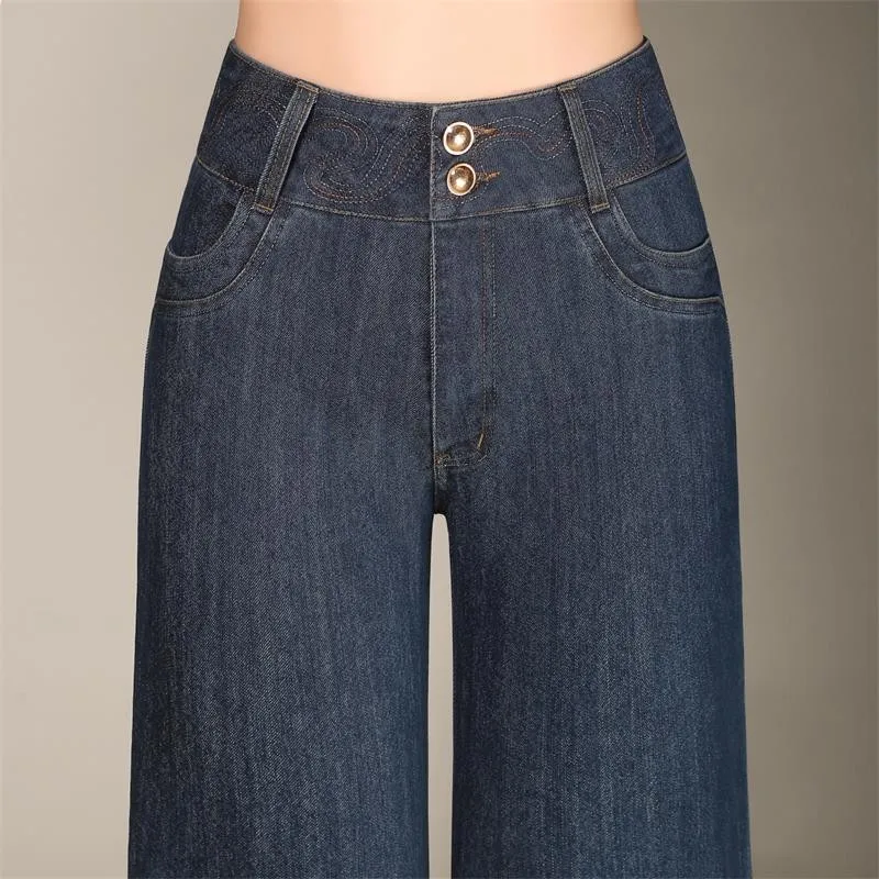 Женские джинсы размера плюс, женские модные джинсовые брюки с высокой талией, широкие брюки, расклешенные брюки с вышивкой