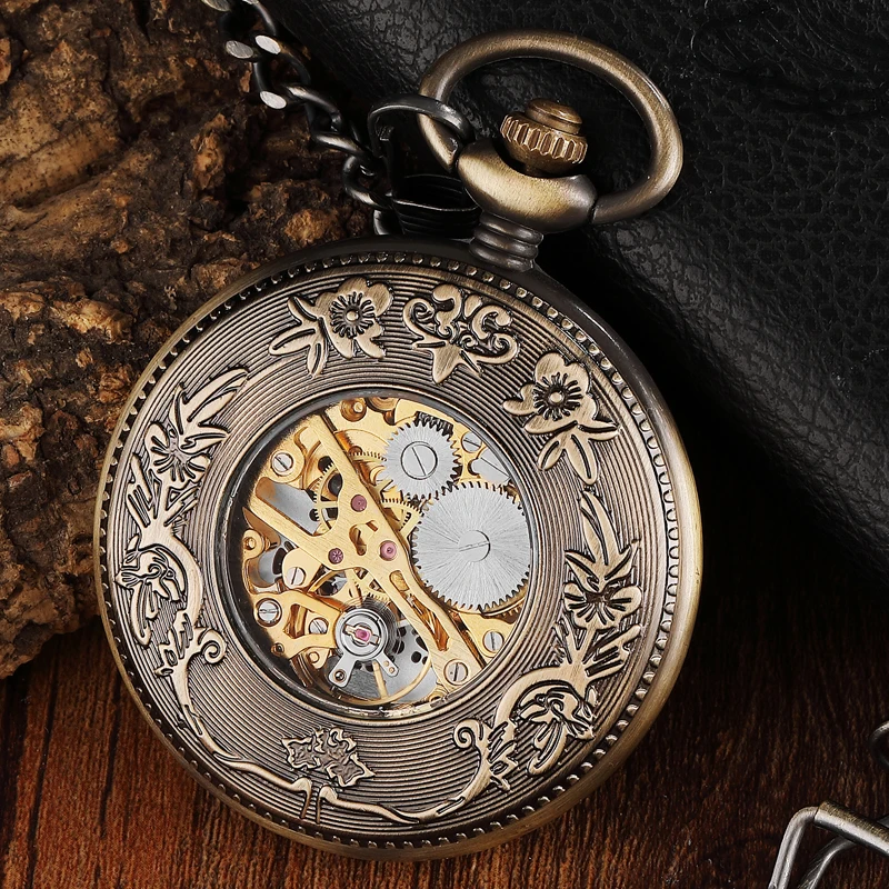 Vintage Wood Circle Carved Number Dial Mechanical Pocket Watch Men Unique Hollow Steampunk Bronze M